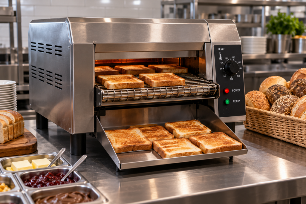 טוסטר מקצועי ציוד למטבחים הינו טוסטר המסוגל לקלות כמות גדולה של מוצרי מאפה ולחם. הפרוסות מוכנסות אל הטוסטר ומסוע מוליך אותן לאורך מסלול